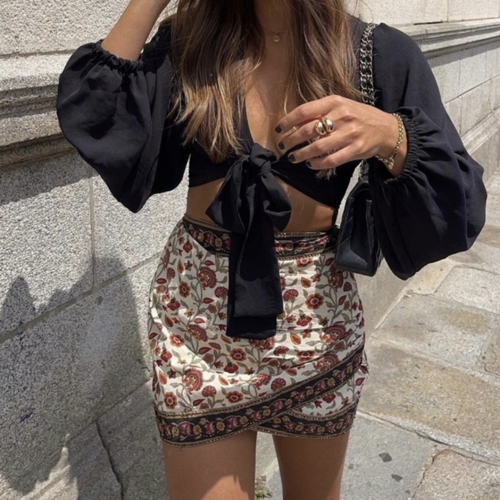 COPY - Printed Wrap Mini Skirt With Beaded Detailing Zara S